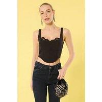 WOVCOR Women's Lace Trim Asymmetric Bustier Corset Top in Black | Size: 6
