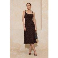 WOVCOR Women's Paisley Burnout Tie Strap Midi Dress with Sheer Texture in Brown | Size: XS