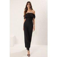 WOVCOR Women's Off Shoulder Floral Applique Maxi Evening Dress in Black | Size: 6