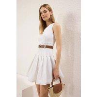 WOVCOR Women's Belted Pleated Mini Dress in Ecru | Size: Small