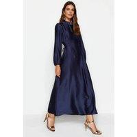 WOVCOR Women's Long Sleeve Lace Up Waist Midi Dress in Navy | Size: 8