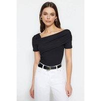 WOVCOR Women's Asymmetric Ruched Short Sleeve Fitted Top in Black | Size: Large