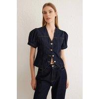 WOVCOR Women's V Neck Button Front Denim Waistcoat Blouse in Dark Blue | Size: Small