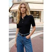 WOVCOR Women's Ribbed Collared Button Neck Knitted Blouse in Black | Size: Small