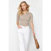 WOVCOR Women's Ribbed Collared Button Neck Knitted Blouse in Taupe | Size: Medium