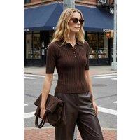 WOVCOR Women's Ribbed Collared Button Neck Knitted Blouse in Brown | Size: Small