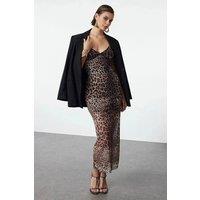 WOVCOR Women's Leopard Print Mesh Strappy Maxi Dress | Size: 14