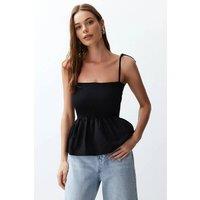 WOVCOR Women's Cotton Poplin Detail Fitted Strappy Knitted Blouse in Black | Size: XS