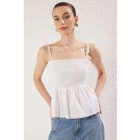 WOVCOR Women's Cotton Poplin Detail Fitted Strappy Knitted Blouse in Ecru | Size: XS
