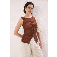 WOVCOR Women's Textured Button Detail Sleeveless Knitted Blouse in Brown | Size: Small