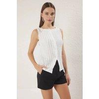 WOVCOR Women's Textured Button Detail Sleeveless Knitted Blouse in Ecru | Size: XS