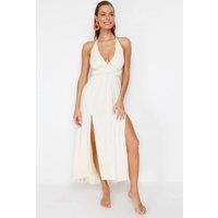 WOVCOR Women's V Neck Split Detail Maxi Beach Dress Cover Up in Ecru | Size: XS