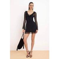 WOVCOR Women's Ruffle Trim Sheer Sleeve Tie Front Mini Dress in Black | Size: Medium