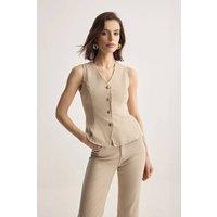 WOVCOR Women's Tailored Button Front Sleeveless V Neck Vest in Stone | Size: Medium