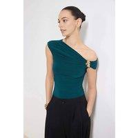 WOVCOR Women's Ruched One Shoulder Hardware Detail Bodycon Top in Teal | Size: XS