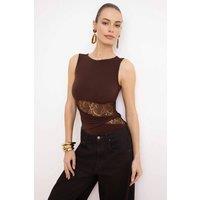 WOVCOR Women's Lace Panel Ruched Sleeveless Bodysuit Top in Brown | Size: 10