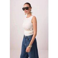 WOVCOR Women's Lace Panel Ruched Sleeveless Bodysuit Top in White | Size: 8