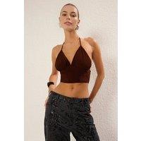 WOVCOR Women's Halterneck Plunge Ruched Bustier Crop Top in Brown | Size: 12