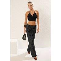 WOVCOR Women's Halterneck Plunge Ruched Bustier Crop Top in Black | Size: 8