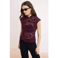 WOVCOR Women's Floral Mesh High Neck Sleeveless Blouse Top in Burgundy | Size: Large