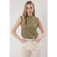 WOVCOR Women's Textured Sleeveless High Neck Blouse Top in Khaki | Size: XS