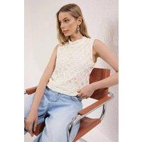 WOVCOR Women's Textured Sleeveless High Neck Blouse Top in Ecru | Size: Small