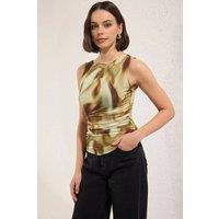 WOVCOR Women's Abstract Print Ruched Sleeveless Blouse Top | Size: Small