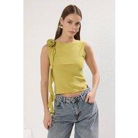 WOVCOR Women's Floral Detail Sleeveless Draped Blouse Top in Olive | Size: Small