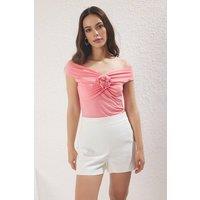 WOVCOR Women's Floral Detail Bardot Ruched Blouse Top in Pink | Size: XS