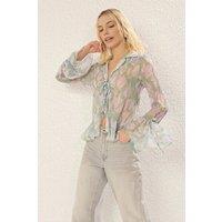 WOVCOR Women's Abstract Tie Front Sheer Frill Printed Shirt | Size: 10
