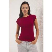 WOVCOR Women's Cap Sleeve Fitted Crew Neck Basic Top in Burgundy | Size: XS
