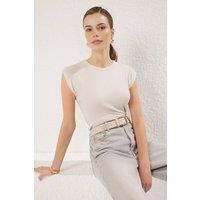 WOVCOR Women's Minimal Fitted Cap Sleeve Crew Neck Everyday Top in Stone | Size: Small