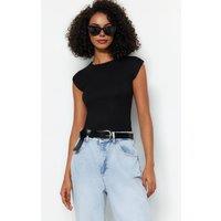 WOVCOR Women's Minimal Fitted Cap Sleeve Crew Neck Everyday Top in Black | Size: Large