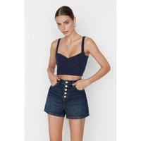 WOVCOR Women's High Waist Button Detail Denim Short in Dark Blue | Size: 6