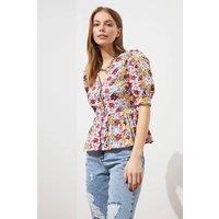 WOVCOR Women's Floral Puff Sleeve Printed Peplum Shirt | Size: 12