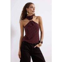 WOVCOR Women's Paisley Ring Detail Halterneck Blouse Top in Plum | Size: 8