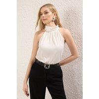WOVCOR Women's Pleated Halterneck Sleeveless Blouse Top in Ecru | Size: Large