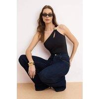 WOVCOR Women's One Shoulder Hardware Detail Bodysuit Top in Black | Size: Small