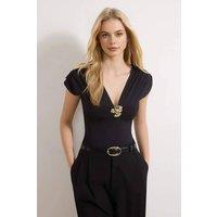 WOVCOR Women's Hardware Detail Plunge Neck Bodysuit Top in Black | Size: Small