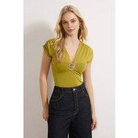WOVCOR Women's Hardware Detail Plunge Neck Bodysuit Top in Olive | Size: Small