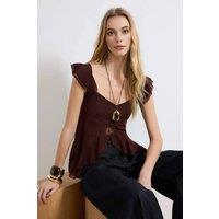 WOVCOR Women's Ruffle Sleeve Tie Front Peplum Blouse Top in Brown | Size: Small