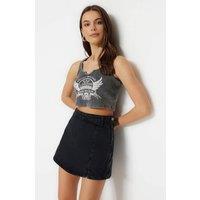 WOVCOR Women's High Waist Denim Mini Skort with Clean A-Line Silhouette in Black | Size: 10