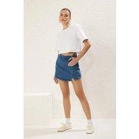 WOVCOR Women's High Waist Denim Mini Skort with Clean A-Line Silhouette in Blue | Size: 4