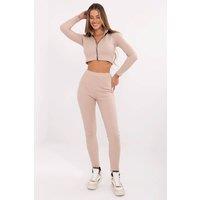 Love Lace Women's Ribbed Casual Zip Blouse Tapered Trousers Set in Beige | Size: S/M