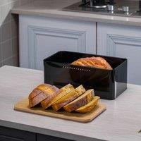 Living and Home Metal Bread Box with Reversible Bamboo Lid for Kitchen Countertop in Black