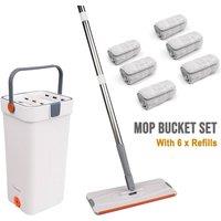 EONLION Flat Mop Bucket & 6 x Pads-MOP BUCKET SET SQUEEZE DRY in White | Size: 100 cm