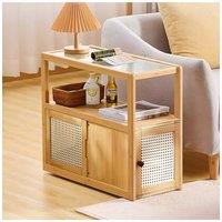 WoodenGlass Side Table with Swivel Casters in Brown