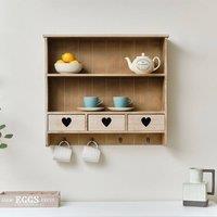Melody Maison Large Rustic Wooden Wall Shelving Unit With Heart Drawers & Storage Hooks in Light Brown