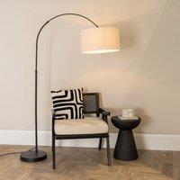 ValueLights Louis Black Metal Arched Floor Lamp with Linen Trim Drum Lamp Shade in White