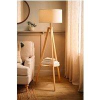 ValueLights Morrigan Natural Wood Tripod Floor Lamp with Linen Trimmed Drum Shade in White
